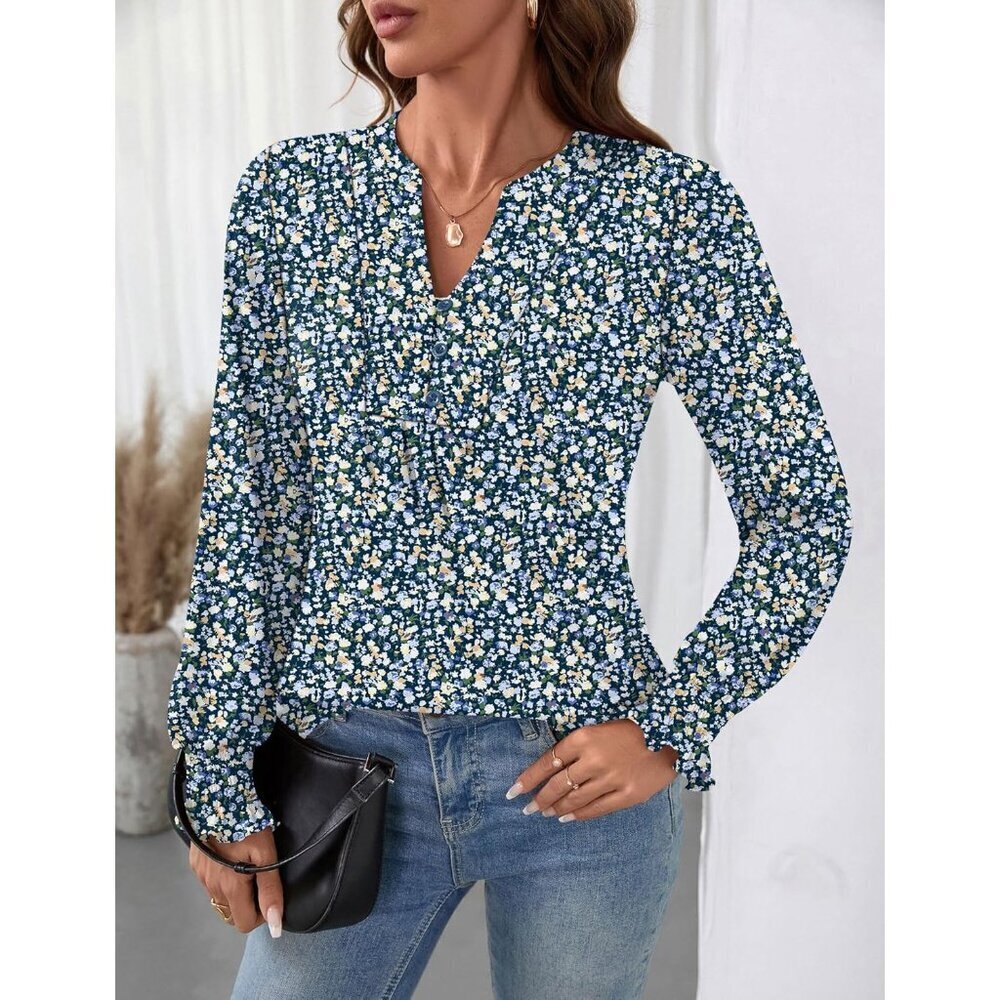 Women's Long Sleeve V Neck Blouse Casual Dressy Tops for Work and Outfits - Picture 3 of 6
